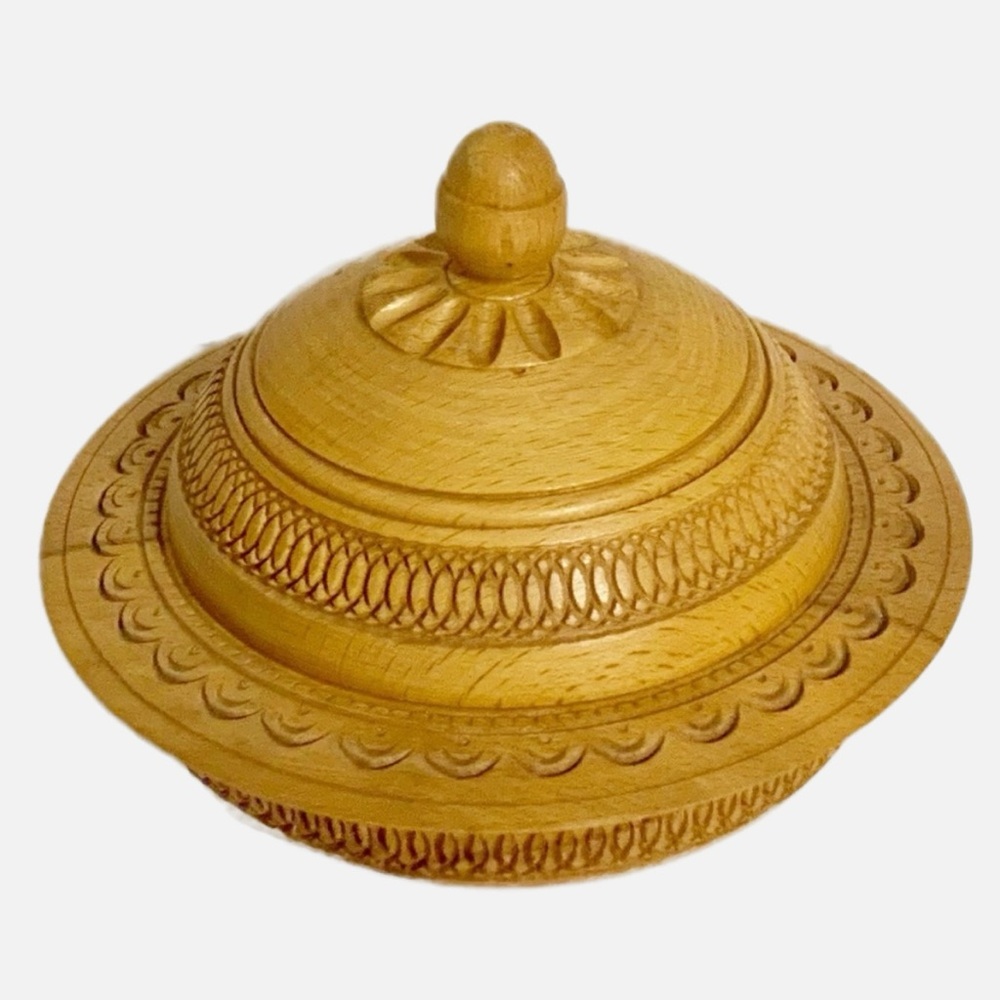 Unbranded Wooden Turned Bowl with Lid Light Weight Wood and Color Carved Design